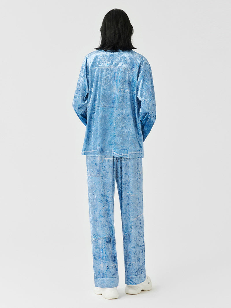 Denim Blue Textured Satin Pajama