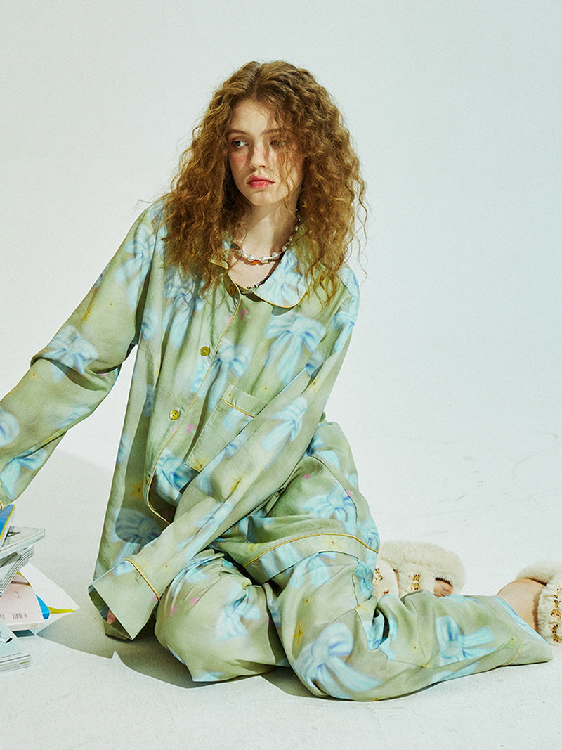 Dusty Olive Blue Ribbon Pajama