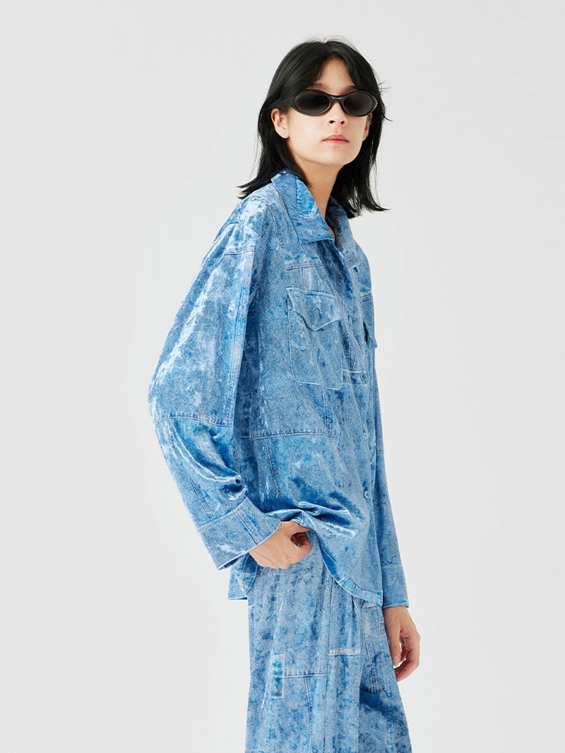 Denim Blue Textured Satin Pajama