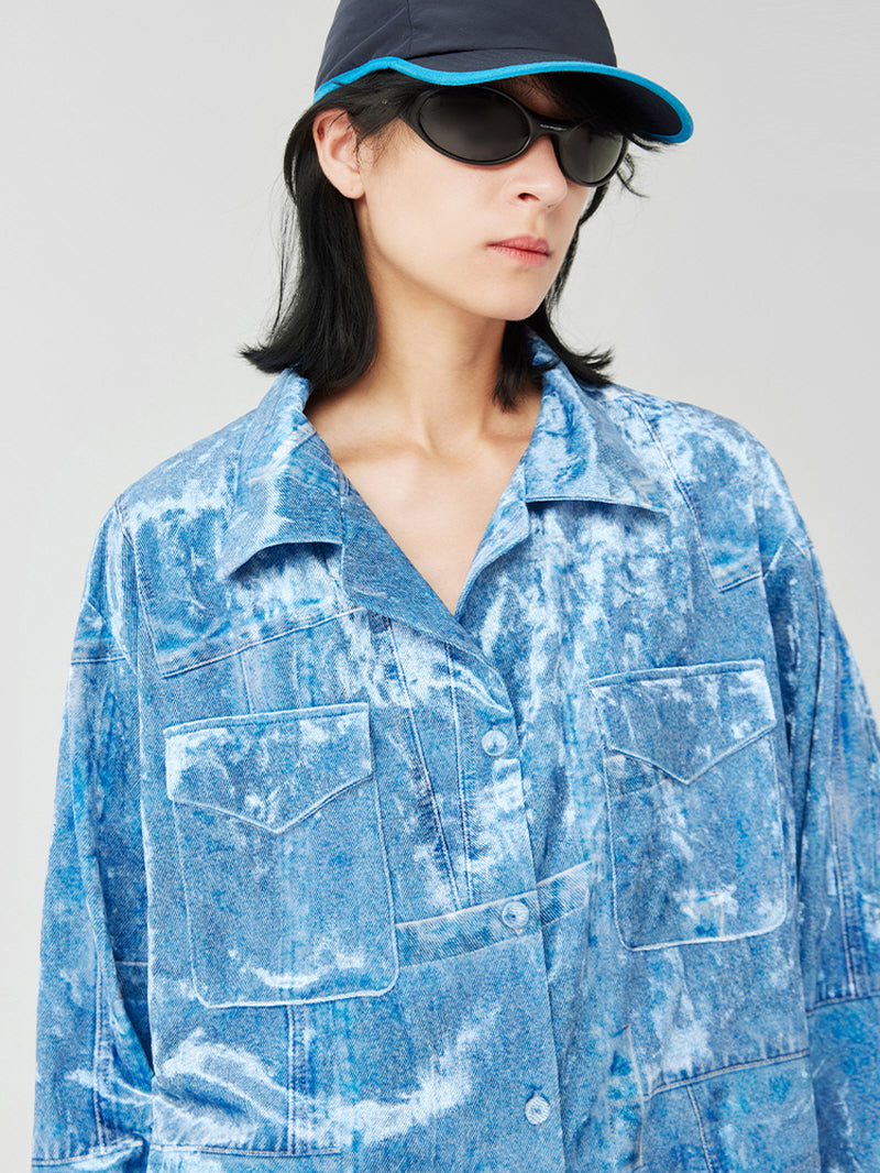 Denim Blue Textured Satin Pajama