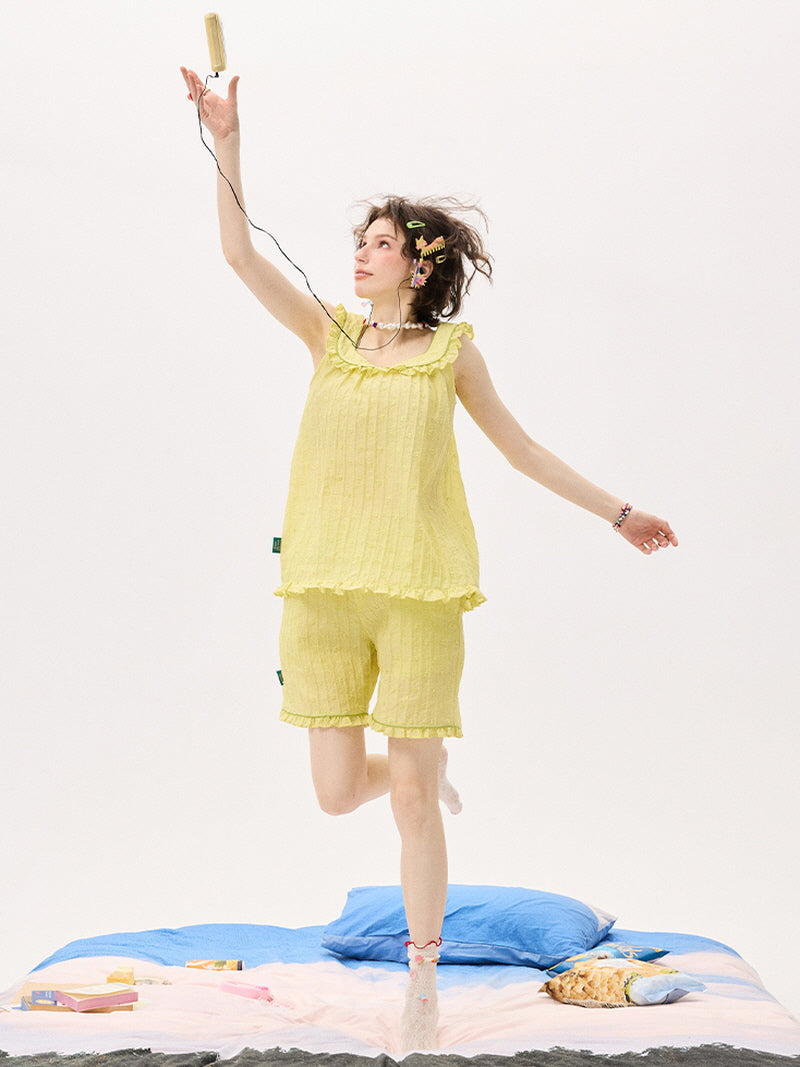 Lemon Glossy Jacquard Ruffle Pajama