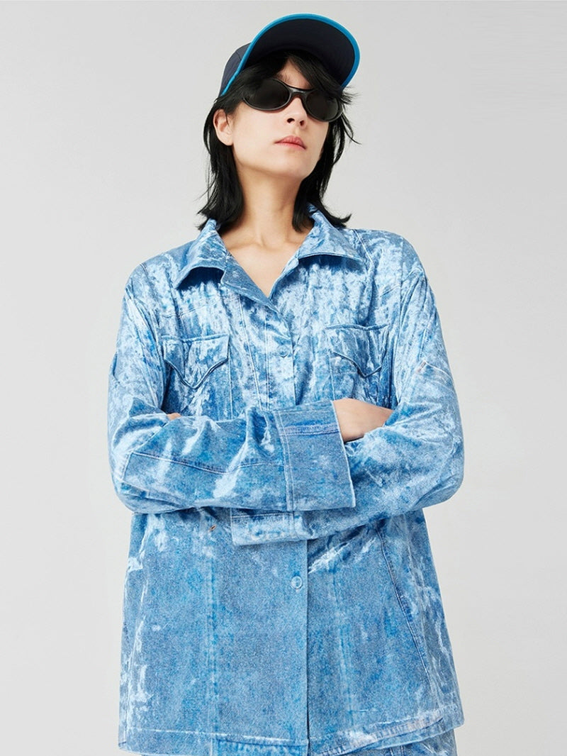 Denim Blue Textured Satin Pajama