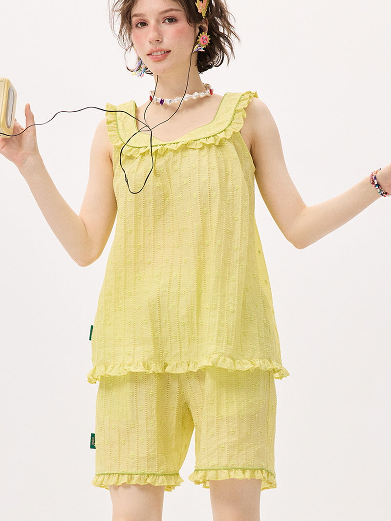 Lemon Glossy Jacquard Ruffle Pajama