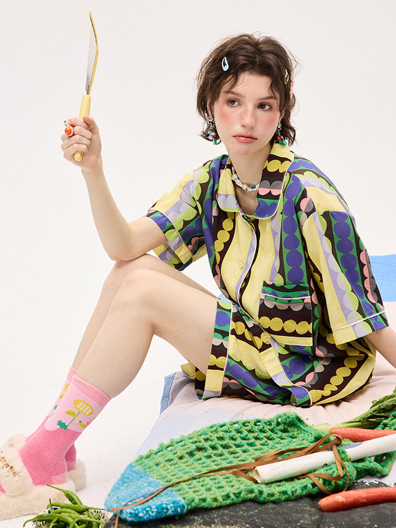 Yellow Retro Circle Stripe Pajama
