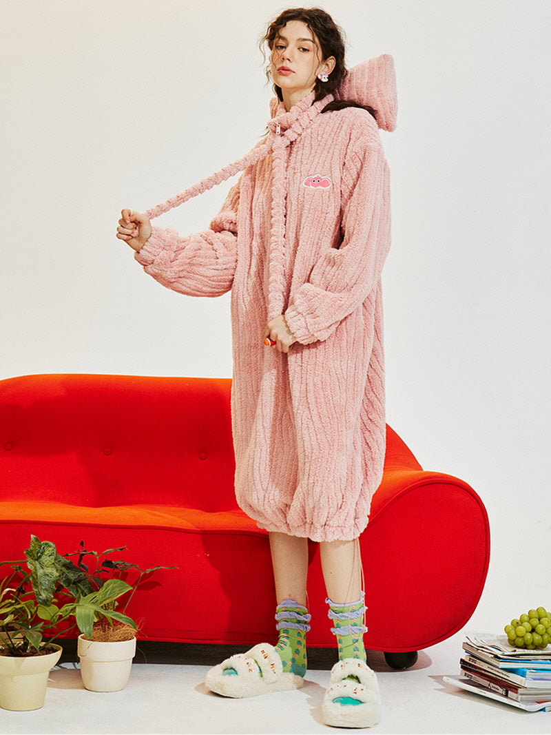 Pink Ribbon Fleece Zip-Up Nightgown