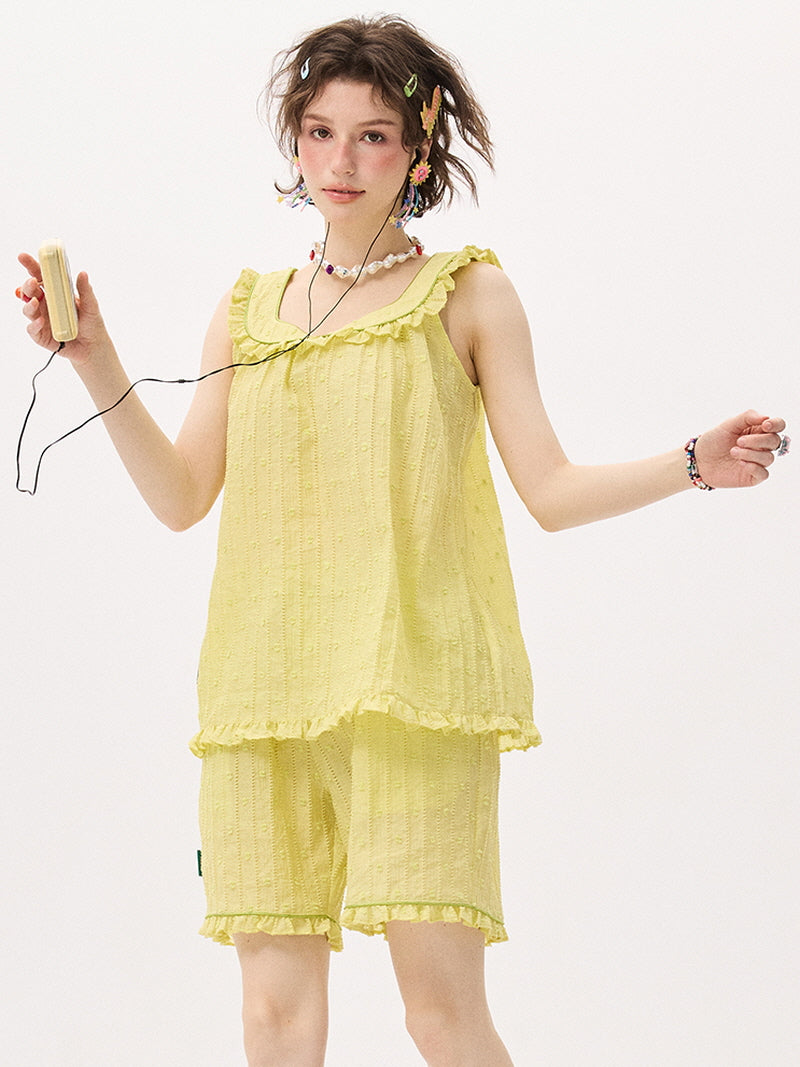 Lemon Glossy Jacquard Ruffle Pajama