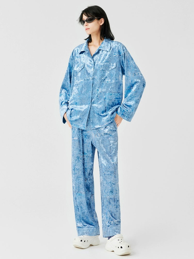 Denim Blue Textured Satin Pajama
