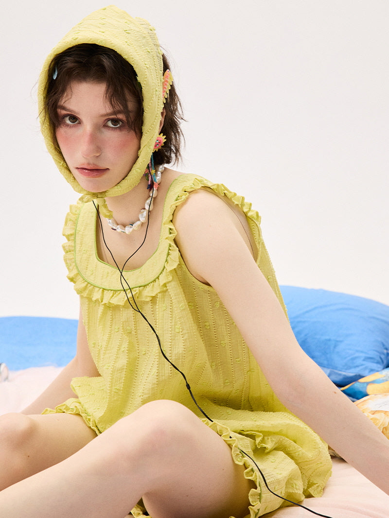 Lemon Glossy Jacquard Ruffle Pajama
