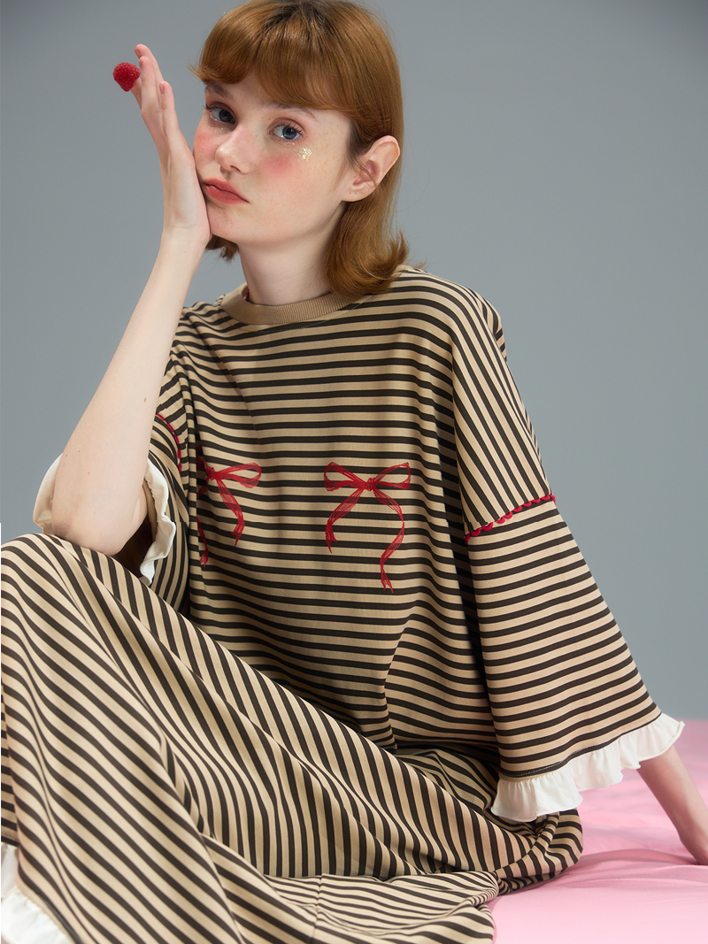 Choco Stripe Ribbon Nightgown