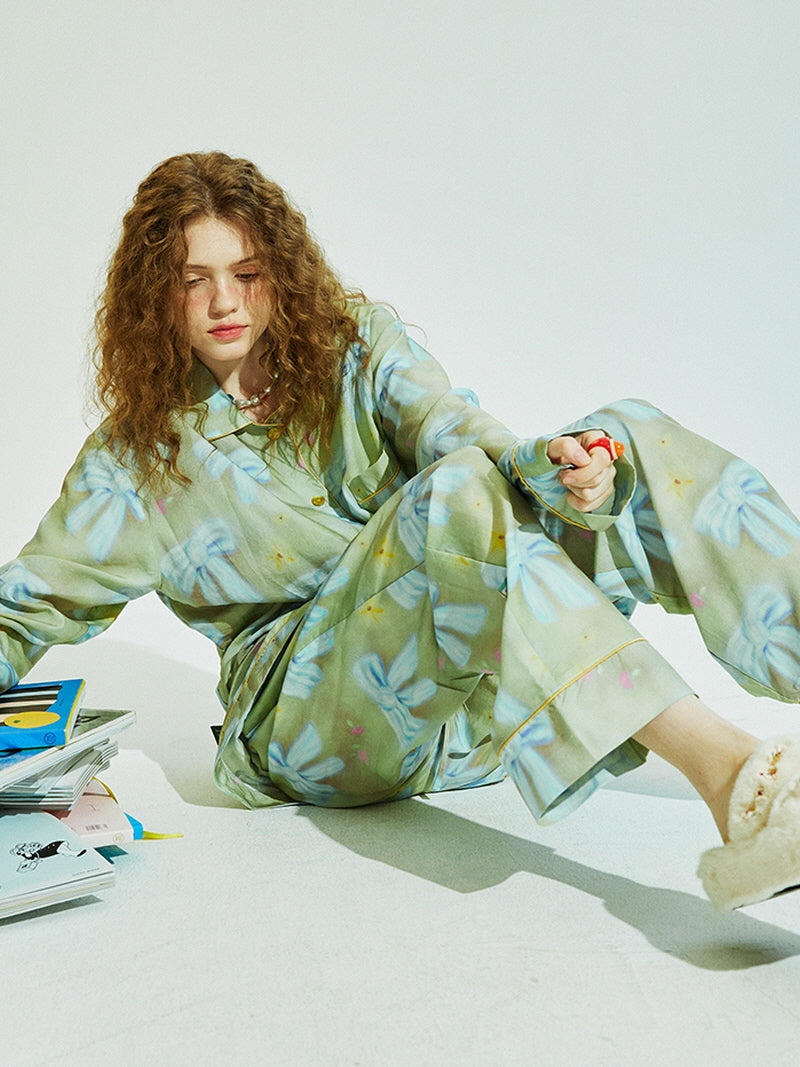 Dusty Olive Blue Ribbon Pajama