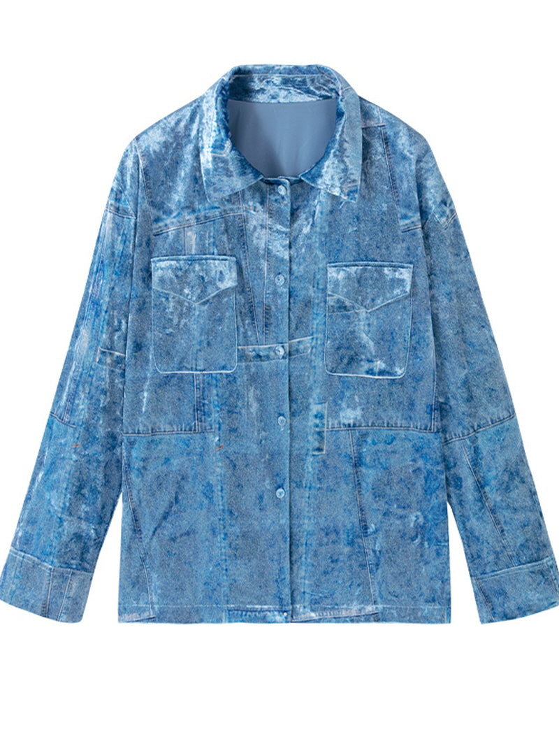 Denim Blue Textured Satin Pajama