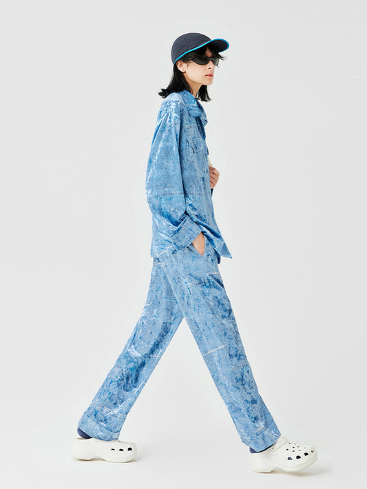 Denim Blue Textured Satin Pajama
