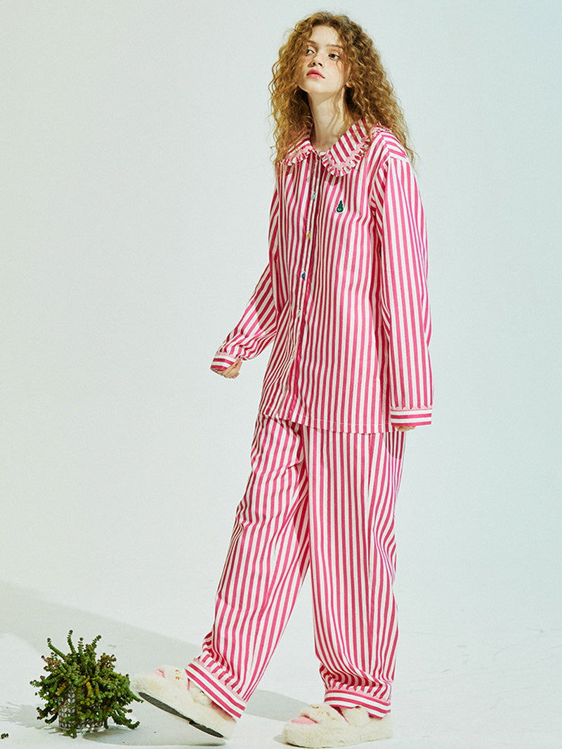 Pink Stripe Ruffle Collar Pajama
