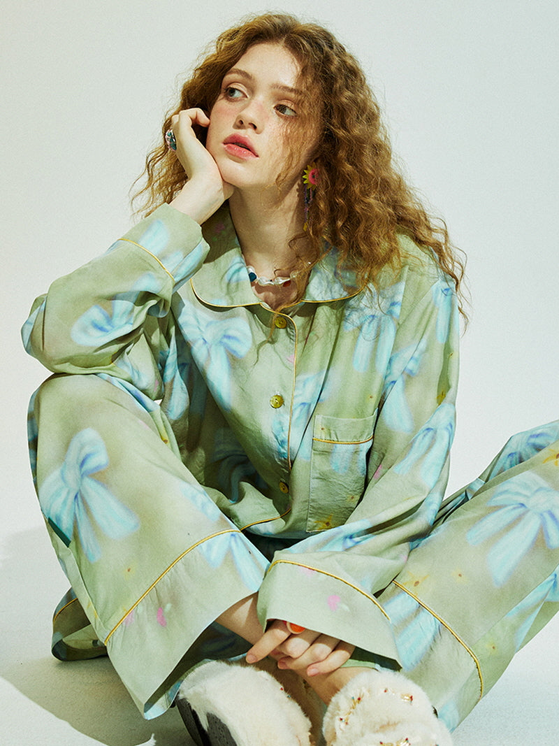 Dusty Olive Blue Ribbon Pajama