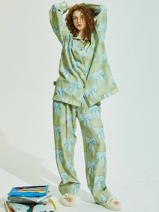 Dusty Olive Blue Ribbon Pajama