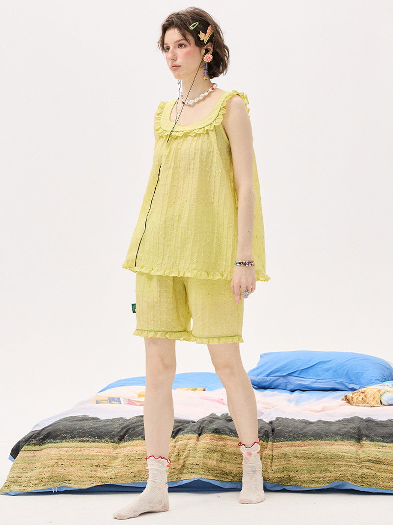 Lemon Glossy Jacquard Ruffle Pajama
